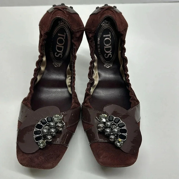 Tods Ballet Flats Slip On Shoes Jeweled Scrunch Back Suede Brown Size 39 US 9 - Picture 2 of 11